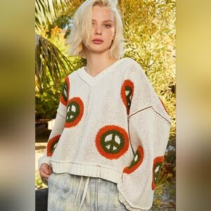 POL V Neck Long Sleeve Peace Pattern Sweater
